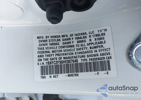 2017 Honda Civic Lx из США, поврежденный, VIN 19XFC2F50HE007646